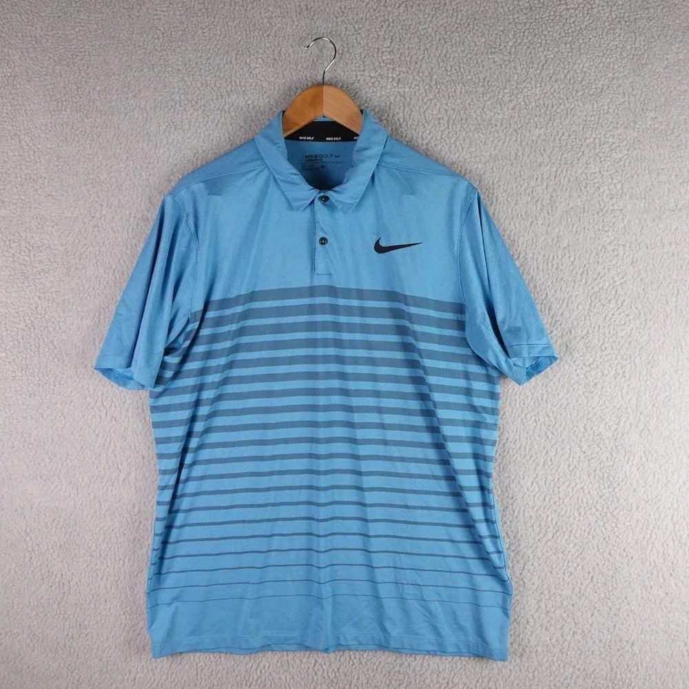 Nike Golf Men Blue Striped Dri-FIT Standard Fit Polo Shirt Large 6306